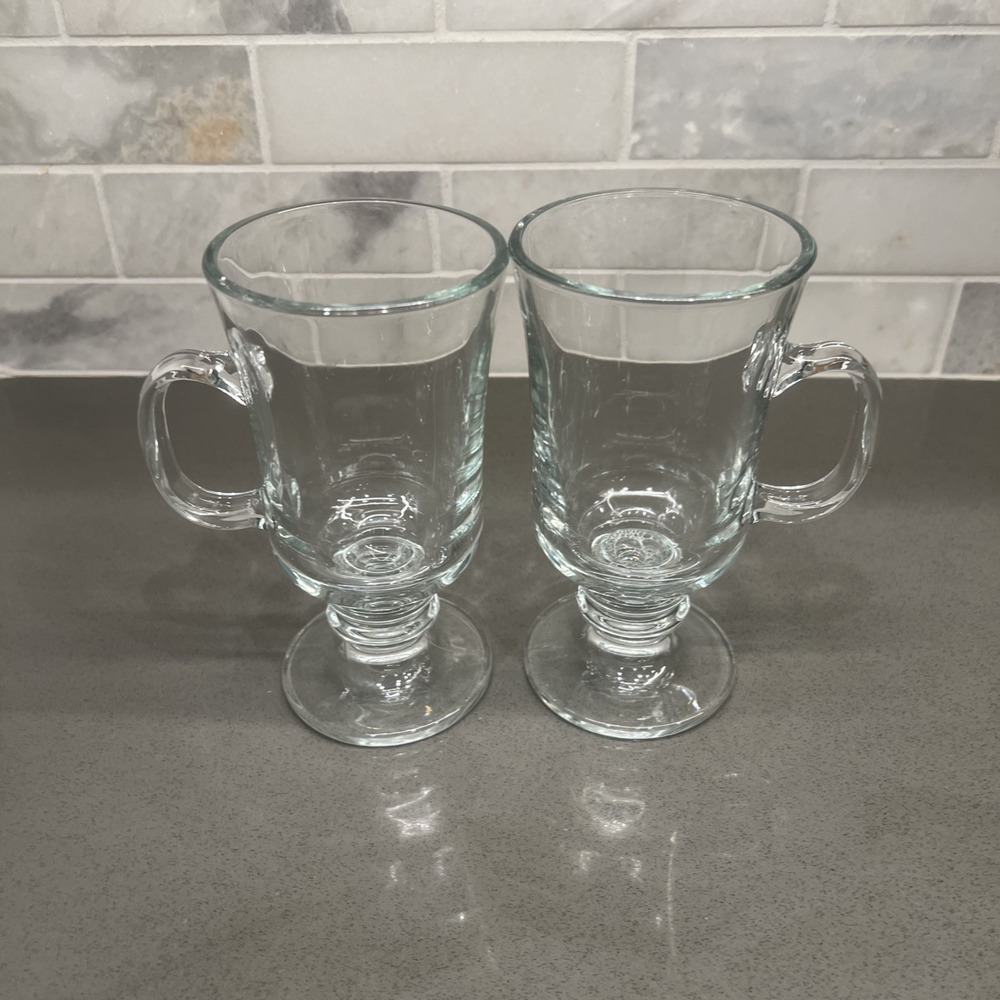 Set Of 2- Libbey Irish Coffee Clear Glass Mugs Ringed Base 8 oz.